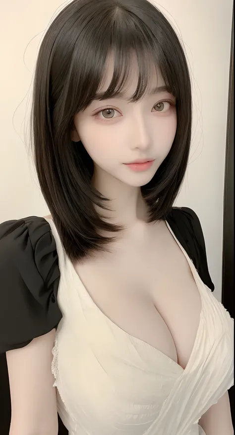 perfect figure beautiful woman：1.4，Layered Hair Style，Protruding cleavage：1.2，offcial dress：1.5，Highly Detailed Face and Skin Textur，Narrow eyes，二重まぶた，Whitens the skin，short detailed hair，full bodyesbian