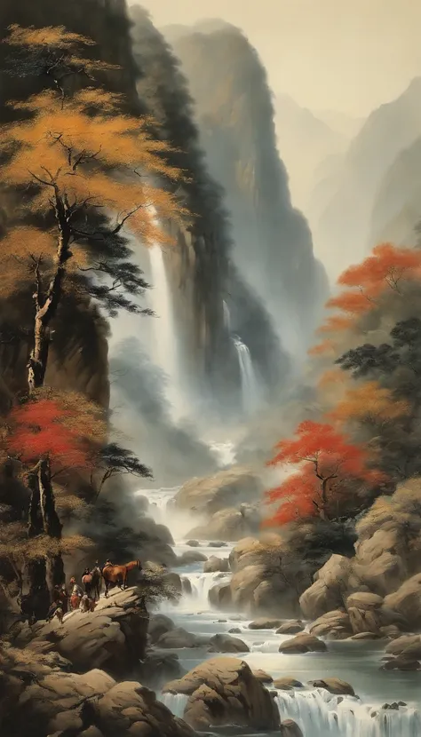 In the background are thousands of miles of rivers and mountains and outdoor trees, Blue sky, waterfallr, cliff, Natures paintings, inspired by Chang Dai-chien, inspired by Huang Binhong, inspired by Xu Beihong, qing dynasty painting, inspired by Li Keran,...