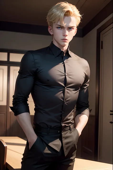 realistic, 8k image of a young 15 year old man, blond, strong, short hair combed back, blue eyes, square chin, dressed in a black button-down blouse and black pants, standing behind a dining table in a room dinner, night, expression of fury, anime style ar...