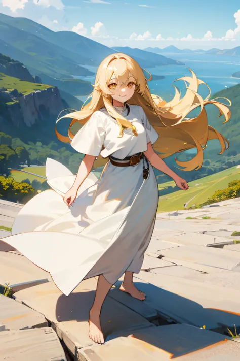 White anime girl, long blond hair, yellow eyes, standing, long white plain dress, leather belt, barefoot, smilling face, looking to the viewer, mountain floor, ocean background.