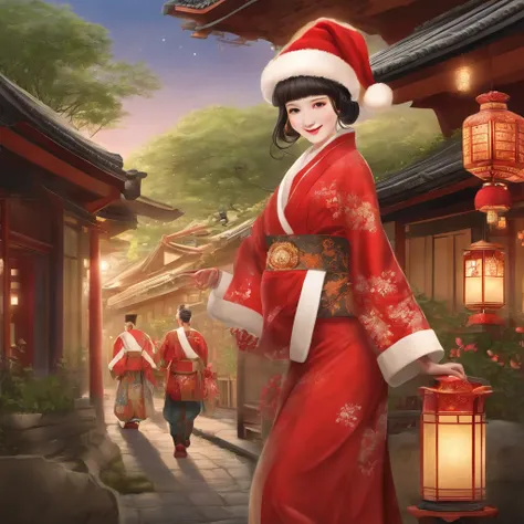 Illustrator、jpn、in the edo era、Japan woman with beautiful smile、Santa Claus Costume、a miniskirt