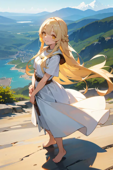 White anime girl, long blond hair, yellow eyes, standing, long white plain dress, leather belt, barefoot, smilling face, looking to the viewer, mountain floor, ocean background.