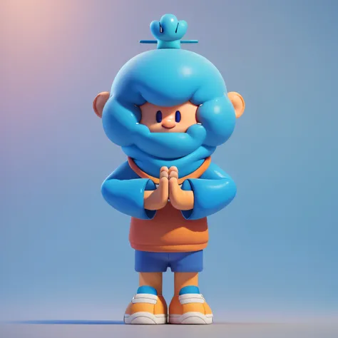 Cartoon image of a man with blue hair and a blue wig, Orange top and blue shorts，character is standing, mind character, Stand with your hands folded,,praying pose,  ssmile,  full body mascot, an animated character, com mascot, videogame character, animatio...