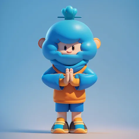 Cartoon image of a man with blue hair and a blue wig, Orange top and blue shorts，character is standing, mind character, Stand with your hands folded,,praying pose,  ssmile,  full body mascot, an animated character, com mascot, videogame character, animatio...