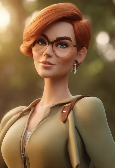 personagem dos desenhos animados de  uma mulher de oculos de sol, relogio pulseiras, cabelo curto pixie cut ruiva sorrindo, animation character, Caractere estilizado, animation style rendering, 3D estilizado, Arnold Maya render, 3 d render stylized, toon r...