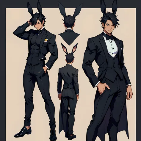 Cartoon of a man in a black suit , Makoto, Commission for high resolution, rabbt_Character, genji, full body commission for, NSFW, Bunny suit, in bunny suits, sexy dominant pose, With bunny ears