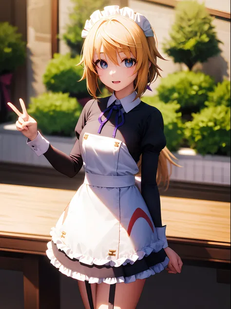 An ultra-high picture quality、(​masterpiece)、[3D images:1.5],Attractive eyes、Cute Peace Sign、Teleface、(​masterpiece:1.6、top-quality)、(Beautiful Eyes of Details:1.2), hight resolution, , frilld, Maid headdress, Waist apron, garter strap、a closed mouth、a bla...