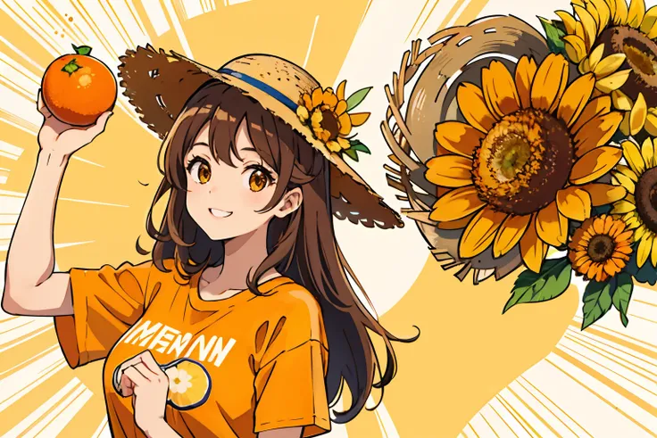 (Best quality, Masterpiece),Sunny，Broad lens，(Brown hair long)，Lively cute girl with long brown hair，With a straw hat，A big smile，Wearing a large orange T-shirt，Holding an orange chrysanthemum flower，There are a lot of orange flowers around，Full of orange