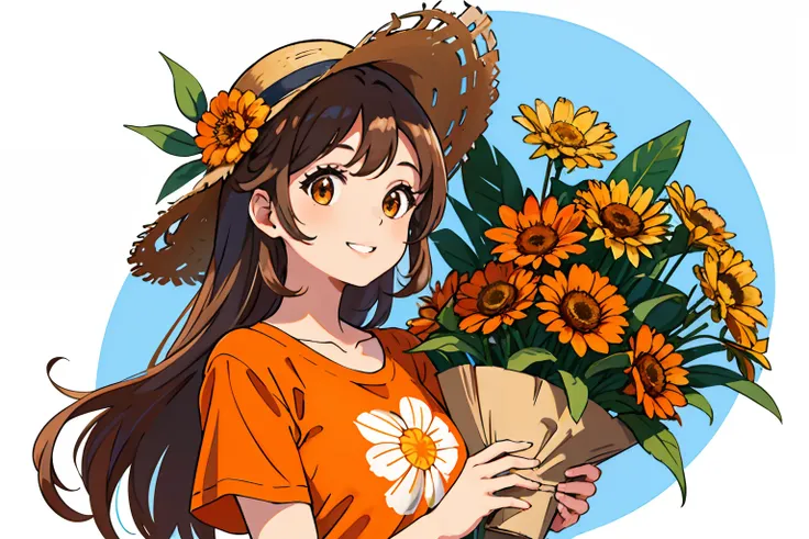 (Best quality, Masterpiece),Sunny，Broad lens，(Brown hair long)，Lively cute girl with long brown hair，With a straw hat，A big smile，Wearing a large orange T-shirt，Holding an orange chrysanthemum flower，There are a lot of orange flowers around，Full of orange