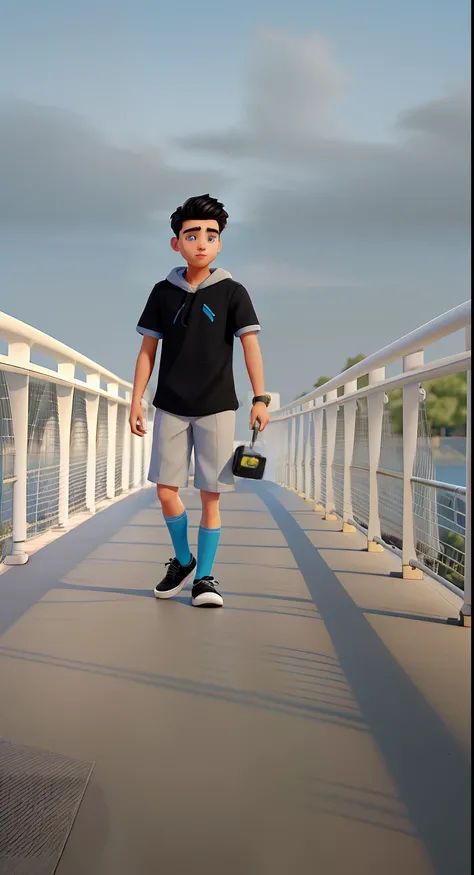 Young man in mask, Make Full Body Appearing Black Shoes. Man stands on blue sky background on a white bridge with cell phone in hand in Disney pixar style best quality, maior qualidade.