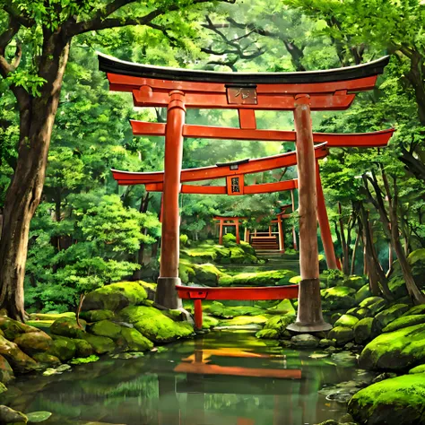 shrine Japan torii moss kamiike bridge forest tree leaking sun background