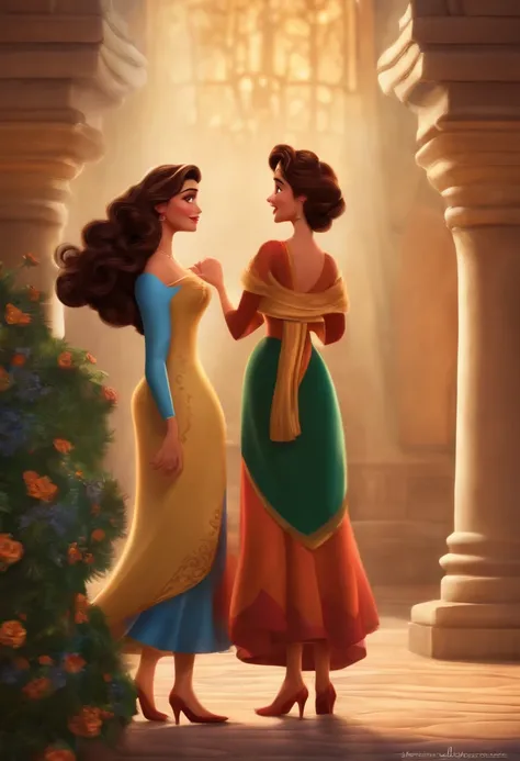 Casal (mulher morena cabelos curtos e enrolados e mulher morena, cabelo liso) no estilo Disney Pixar, alta qualidade, melhor qualidade.