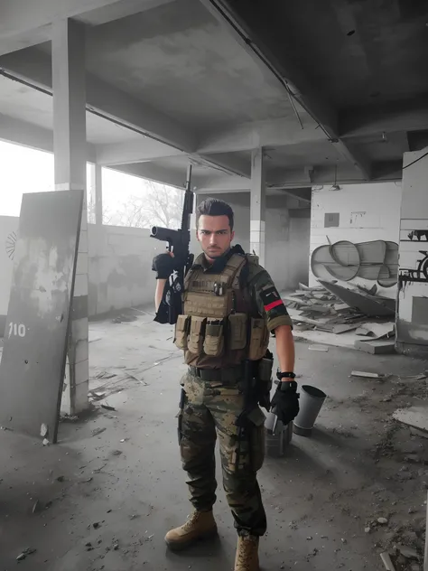 German soldier with a gun in a dirty building, Close-quarters combat, Airsoft CQB, pronto para o combate, in a post-apocalyptic setting, foto de perfil 1024px, Segurando uma m4 com lazer e mira optica, wearing tactical gear, inspirado em marcus luttrel, Dr...