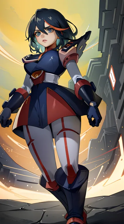 (best quality, ultra-detailed, highres, 4K, 8K, masterpiece:1.2), character, Ryuko Matoi, (beautiful detailed eyes, beautiful detailed lips, extremely detailed eyes and face, longeyelashes), suiting up, full-megaman suit, heavy Protoman suit, Protoman arm ...