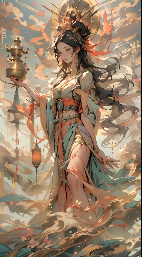 The image of the Great Goddess depicts an ancient goddess of creation，Nuwa is the creation goddess in Chinese mythology。This is a great image of the goddess that has been handed down from the matriarchal clan period of primitive society。Deep background，abs...