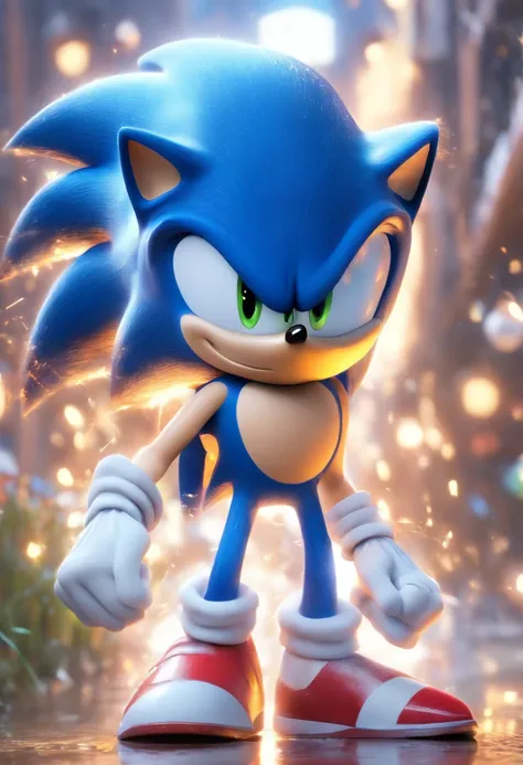 （Estilo Pixar),sonic，em uma ilha Modelo de personagem em miniatura, fonte de luz da direita para a esquerda, Rum lighting, fonte de luz da direita para a esquerda, Realistic proportions, Post-processing, ((perspectiva ortogonal)), Super Detalhe, Realistic,...