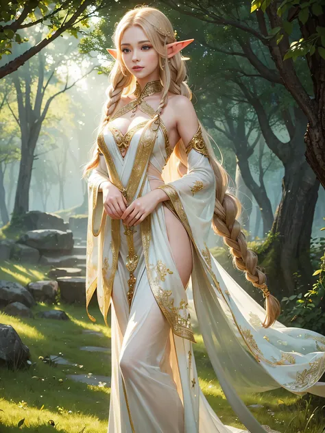 A graceful elf girl stands in a meadow, her delicate features illuminated by the soft light of the setting sun. Her long, flowing hair cascades down her back, adorned with intricate braids and adorned with sparkling jewels. This stunning painting captures ...