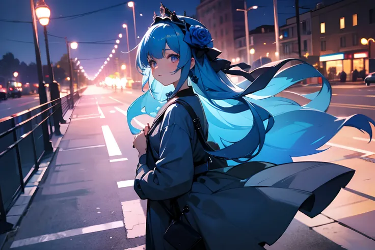 blue rose girl, rose on hair, hair accessories, daily clothes, informal outfit, blue hair, hd, ultra quality, pleasant face, wide angle, long shot, looking away, detailed eyes, public, street, nighttime.