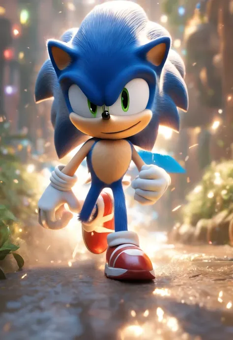 （Estilo Pixar),Sonic the Hedgehog em uma ilha Modelo de personagem em miniatura, fonte de luz da direita para a esquerda, Rum lighting, fonte de luz da direita para a esquerda, Realistic proportions, Post-processing, ((perspectiva ortogonal)), Super Detalh...