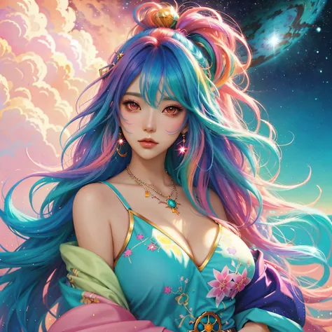 Close-up of a woman with colorful hair and necklace, anime girl with cosmic hair, The soft vibrancy of Ross Dres, Gviz-inspired artwork, Fantasy Art Style, Colorful]", vibrant fantasy style, rossdraws cartoon vibrant, Colorful, guweiz, colorfull digital fa...