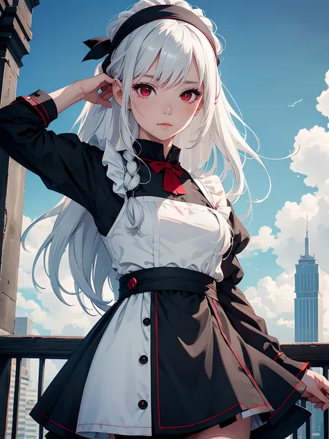 Cute girl, white hair, red eye, mini maid dress, potrait, realistic, albelda, tower of god, wlop, close up, sky background, ultra detail, preety, masterpiece, long hair, black bandana, black and white dress, small bust