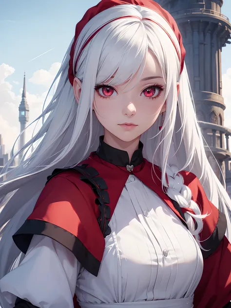 Cute girl, white hair, red eye, maid dress, potrait, realistic, albelda, tower of god, wlop, close up, sky background, ultra detail, preety, masterpiece, long hair, black bandana