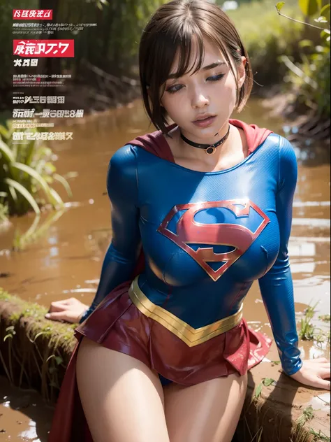 ​masterpiece、Short-haired Supergirl sleeping in a swamp、large full breasts、a choker、Looking at the camera、Enamel costume、Mud stains、Covered in mud、Exhausted、Weekly magazine cover、masturbation、cum on、a miniskirt、sexy  pose、Bukkake、Muddy