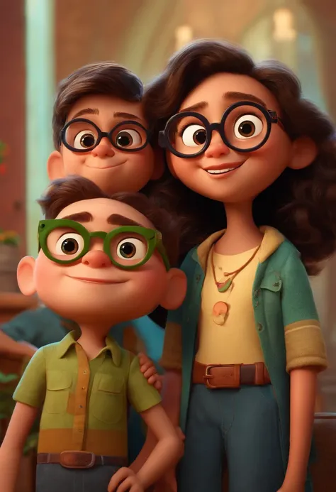 Meninos e meninas em circulo estilo desenho animado, Pixar, wearing round glasses,