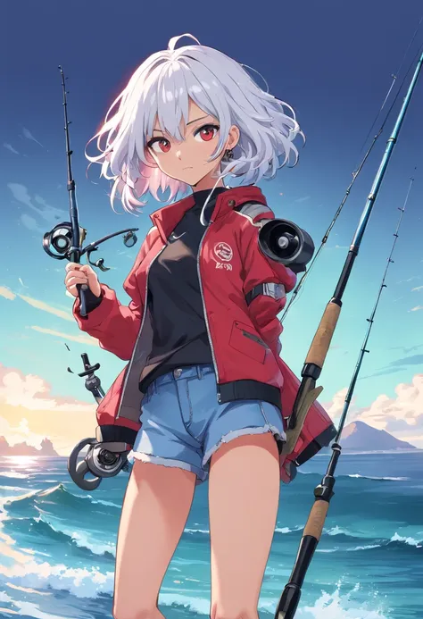 ((((I have a fishing rod with a reel by the sea:1.5))))、(Master Part, best qualtiy), Konzeptzeichnung, Full body image of a dark-skinned woman, one with (Big red jacket:1.2) and black shirts, Battle pose, intricate detailes, chromatic abberation, (Black sk...