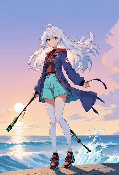 ((((I have a fishing rod with a reel by the sea:1.5))))、(Master Part, best qualtiy), Konzeptzeichnung, Full body image of a dark-skinned woman, one with (Big red jacket:1.2) and black shirts, Battle pose, intricate detailes, chromatic abberation, (Black sk...