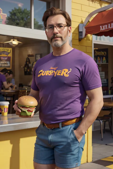 create a disney pixar movie poster with a man with glasses wearing a purple shirt, 55 years old with a  brown beard, wearing denim shorts and yellow socks holding a hamburger. the title of the movie is  grubhub ad  3d render, disney pixar logo.