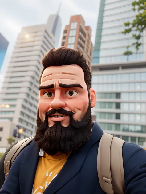 There is a man with a beard and backpack in front of a building, Atarracado, david rios ferreira, Postagem no Reddit, Streamer do Twitch / Jogador Ludwig, Fotografia tirada em 2 0 2 0, Foto de perfil do headshot, taken in the early 2020s, 3 2 anos, In Sao ...