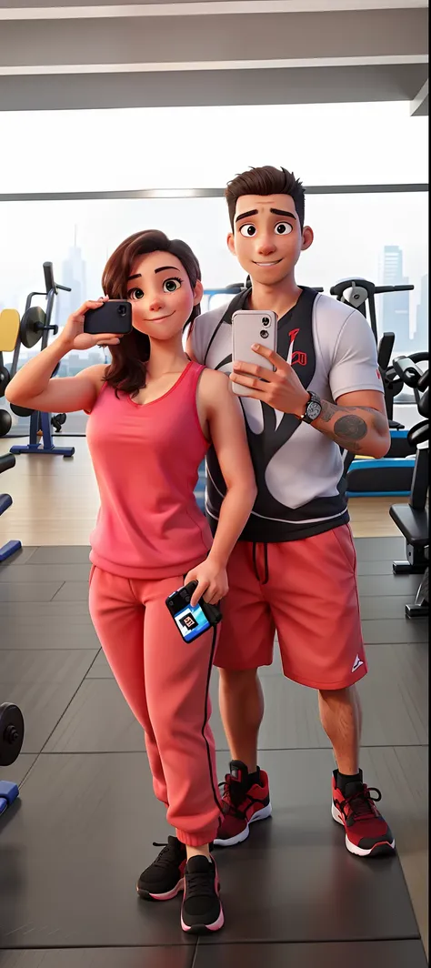 photo of couple taking selfie at the gym