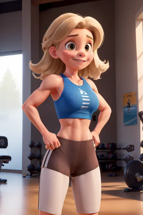 (a 40-year-old white woman, shoulder-length hair, brown with blonde highlights, exercising in the gym), (best quality, 4k, highres, realistic:1.2), (portrait, fitness), (bright, vibrant colors), (studio lighting), (detailed facial features, defined muscles...