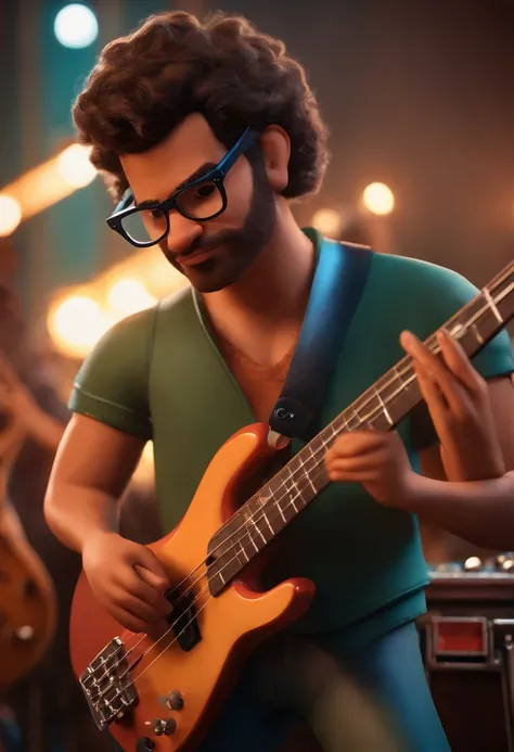 Um homem moreno e gordinho com cabelo raspado, Brown eyes and square glasses playing electric bass in a band, with a stage inspired by Pixar animation, de perto. The captivating facial expression with a touch of unreality.