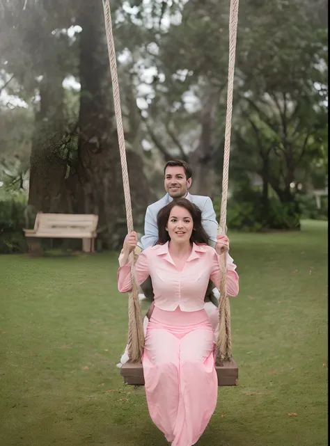 there's a man and a woman sitting on a swing in the grass, swing on a tree, divertindo-se, hanging from a tree, sitting on a roc...