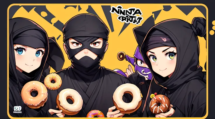 um background repleto de ninjas, ninhas num fundo, ninjas com donuts, um fundo com donuts, donuts, ninjas mascarados