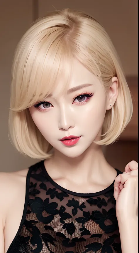 Korean Idols　a blond　Shorthair　Glossy red lip　A MILF　Dressing　close up of face　Duck mouth　eye glass　Cosmetics Advertising Poster　Fancy makeup　Orchan Makeup　Approximately 38 years old　Choa　Lustrous skin