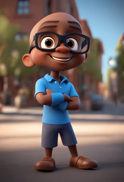 Cartoon character of a bald black man with black glasses and a blue shirt, animation character, Caractere estilizado, animation style rendering, 3D estilizado, Arnold Maya render, 3 d render stylized, toon render keyshot, Personagem 3D, Personagem 3D, 3d r...