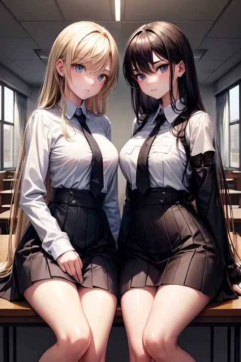 Two teenage girls，Equal stature，in class room，Black hair and blonde hair，Gaze face to face，Hold each other，The two bodies are close together