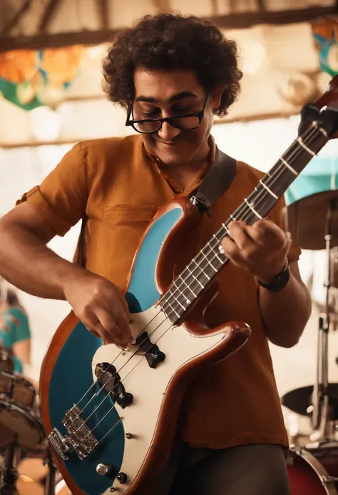 Um homem brasileiro moreno um pouco acima do peso com cabelo raspado, Brown eyes and square glasses playing electric bass in a band, with a stage in the background inspired by Pixar animation. The captivating facial expression with a touch of unreality.