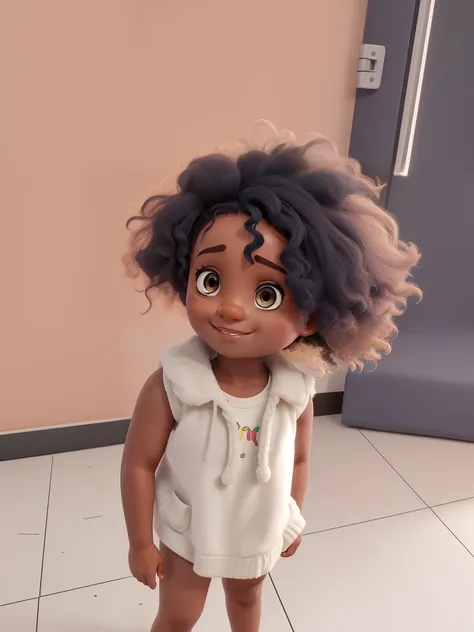 A dark-skinned child with messy afro hair smiling standing in a room