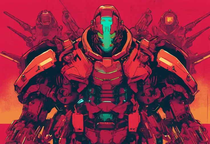 (Mechanical Warrior: 1.2), Cyberpunk, Close-up, Front view, Symmetrical left-right composition, (Red is the dominant color: 0.7),