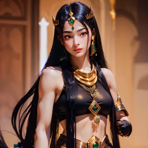 masterpiece, best quality, 1 girl, long black straight hair, arabian style clothes, golden crown with jade, white scarf on neck, gauntlet, boomerang weapon, desert, (hands out of frame)