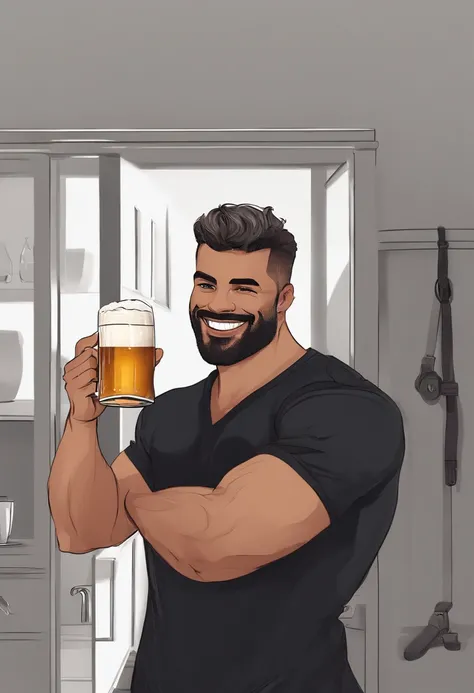 Personagem de desenho animado de um homem com cabelo metade branco metade preto, barba por fazer, sobrancelha com um risquinho do lado esquerdo, camiseta preta com uma corrente de prata, With a smile and like beer in my hand