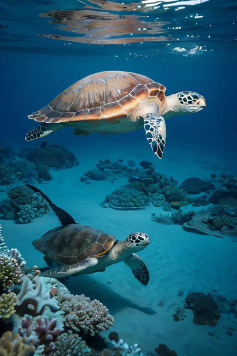 one sea turtle，The expression is hideous，Swim towards the surface，Side photo