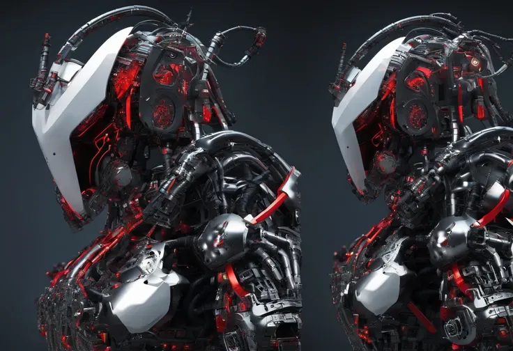 (Mechanical Warrior: 1.2), Cyberpunk, Close-up, Front view, Symmetrical left-right composition, (Red is the dominant color: 0.7),