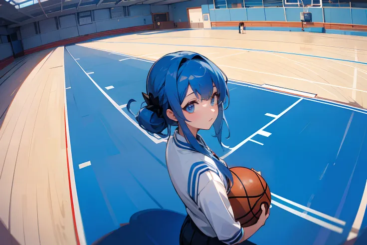 blue rose girl, rose on hair, hair accessories, adult, teacher, pe teacher, pe, blue hair, hd, ultra quality, wide angle, long shot, looking away, detailed eyes, gymnasium, basketball court.