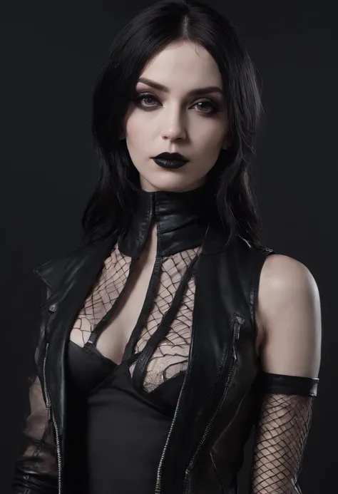 Half body shot of a goth woman in lingerie with leather jacket and fishnet stockings in a dark studio, black make-up, sensual pose, perfect body, ultra detailed, photorealistic, masterpiece.