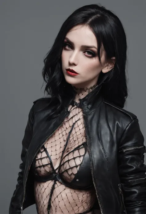 Half body shot of a goth woman in lingerie with leather jacket and fishnet stockings in a dark studio, black make-up, sensual pose, perfect body, ultra detailed, photorealistic, masterpiece.